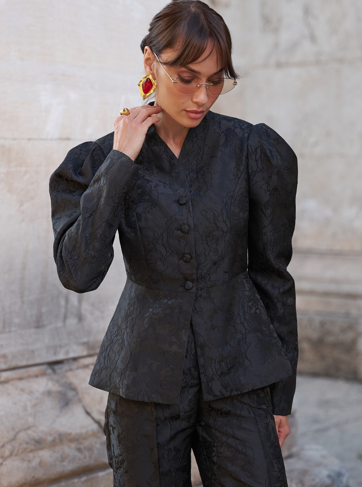 Jacquard Puff-Shoulder Suit