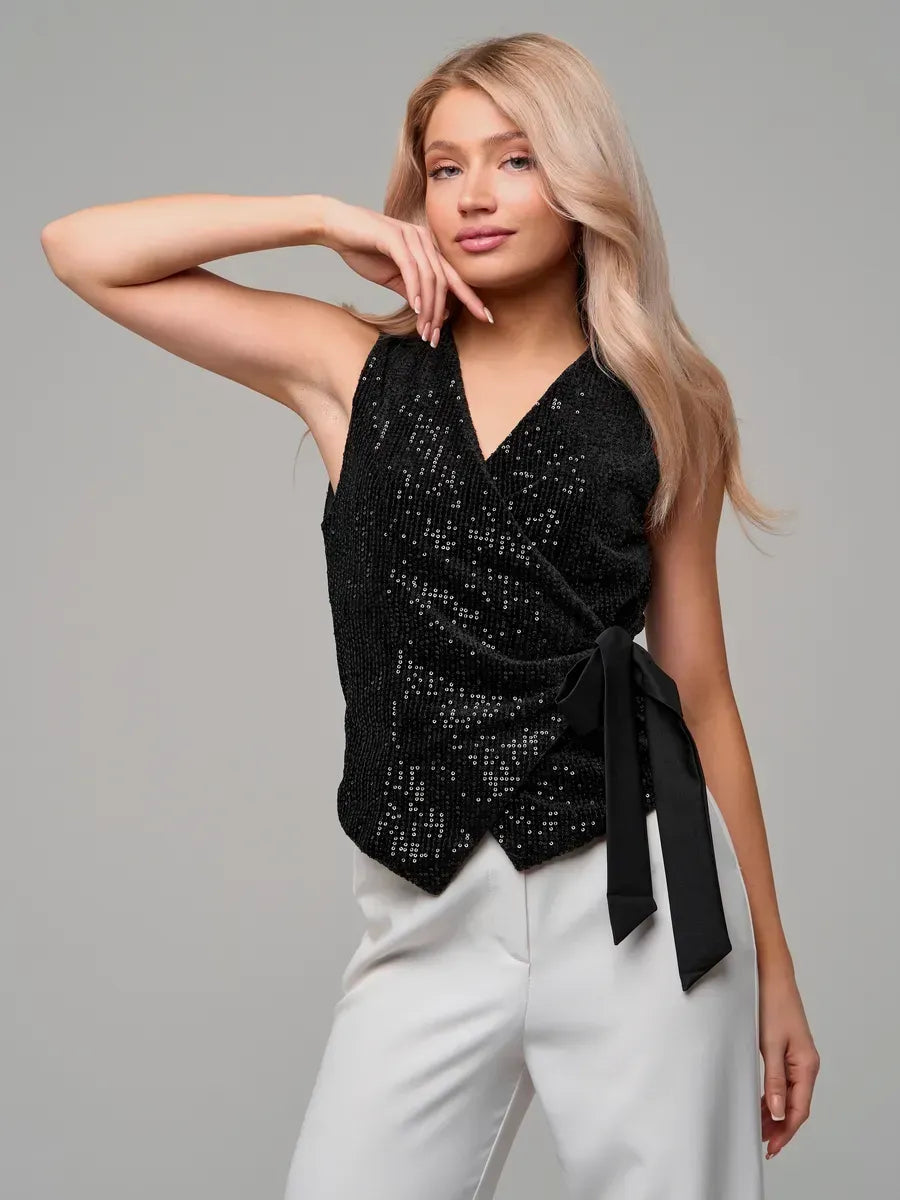Black sequinned velvet bow top, front view