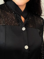 Black Silk Blouse with Sheer Sleeves