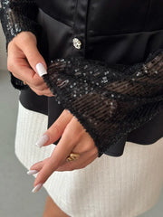Black Silk Blouse with Sheer Sleeves