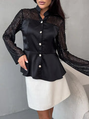 Black Silk Blouse with Sheer Sleeves