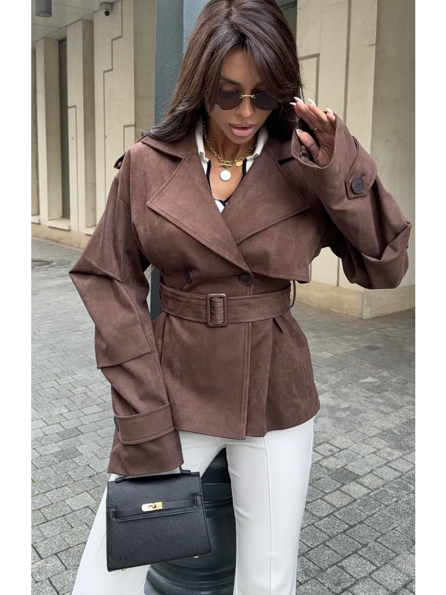 Brown Faux Suede Belted Parka