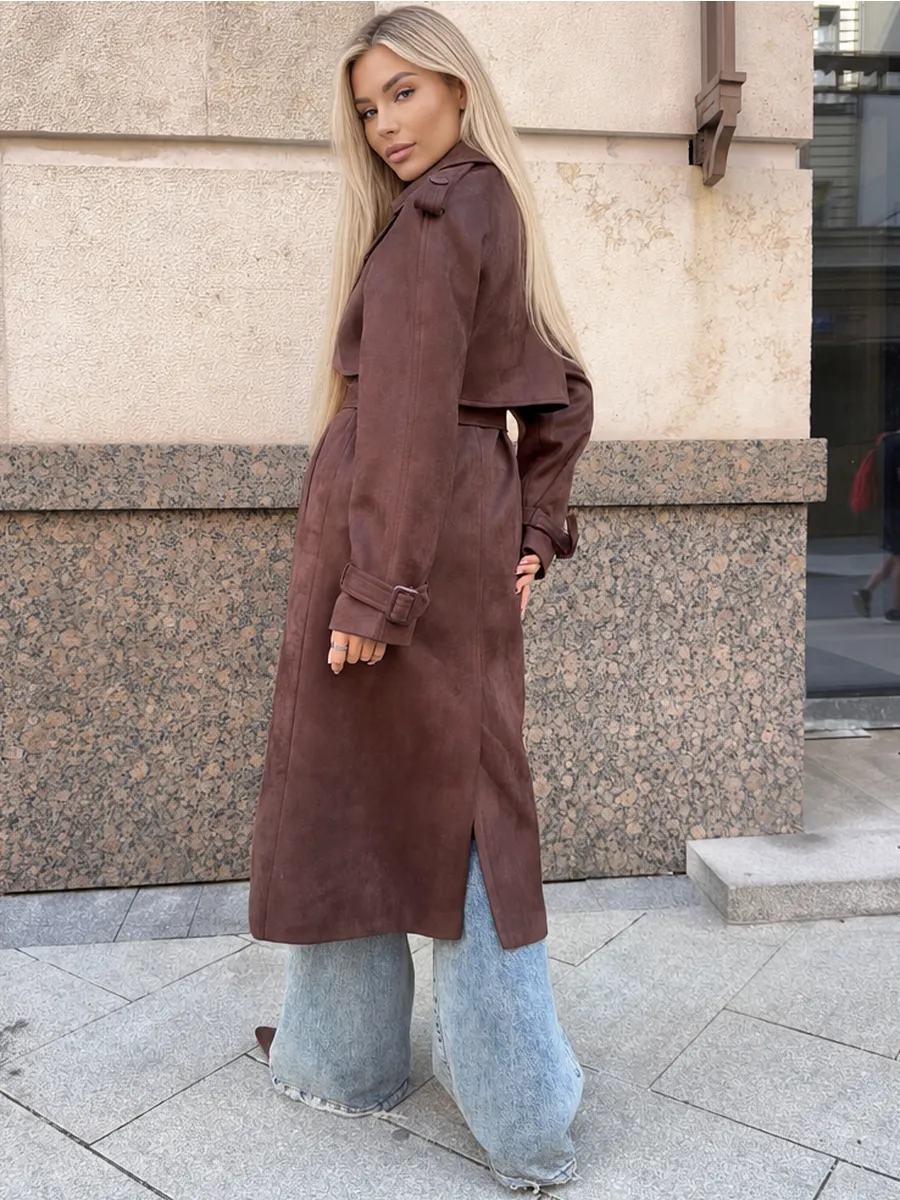 Chocolate Brown Faux Suede Belted Trench Coat, back view