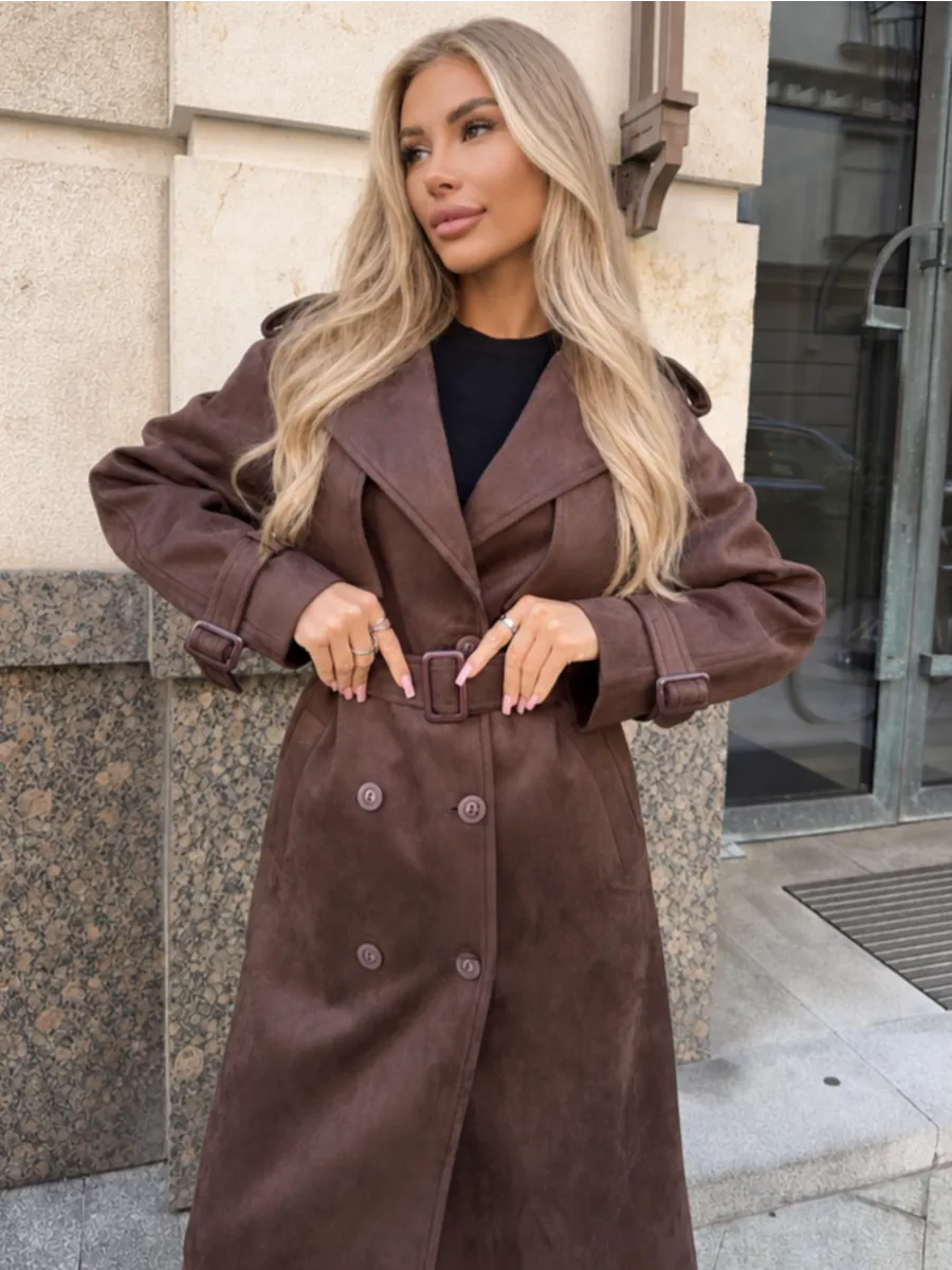 Chocolate Brown Faux Suede Belted Trench Coat