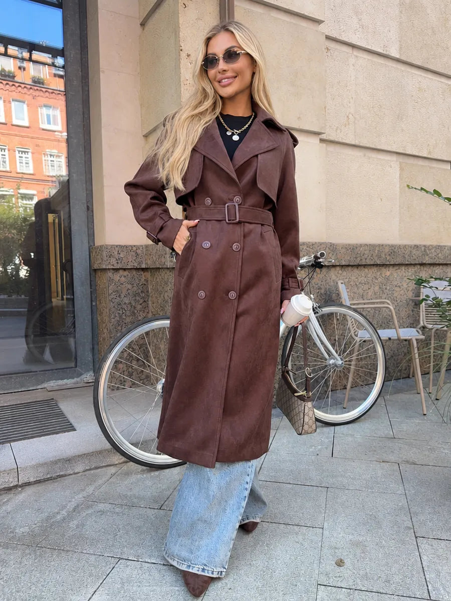 Chocolate Brown Faux Suede Belted Trench Coat, full-length front view