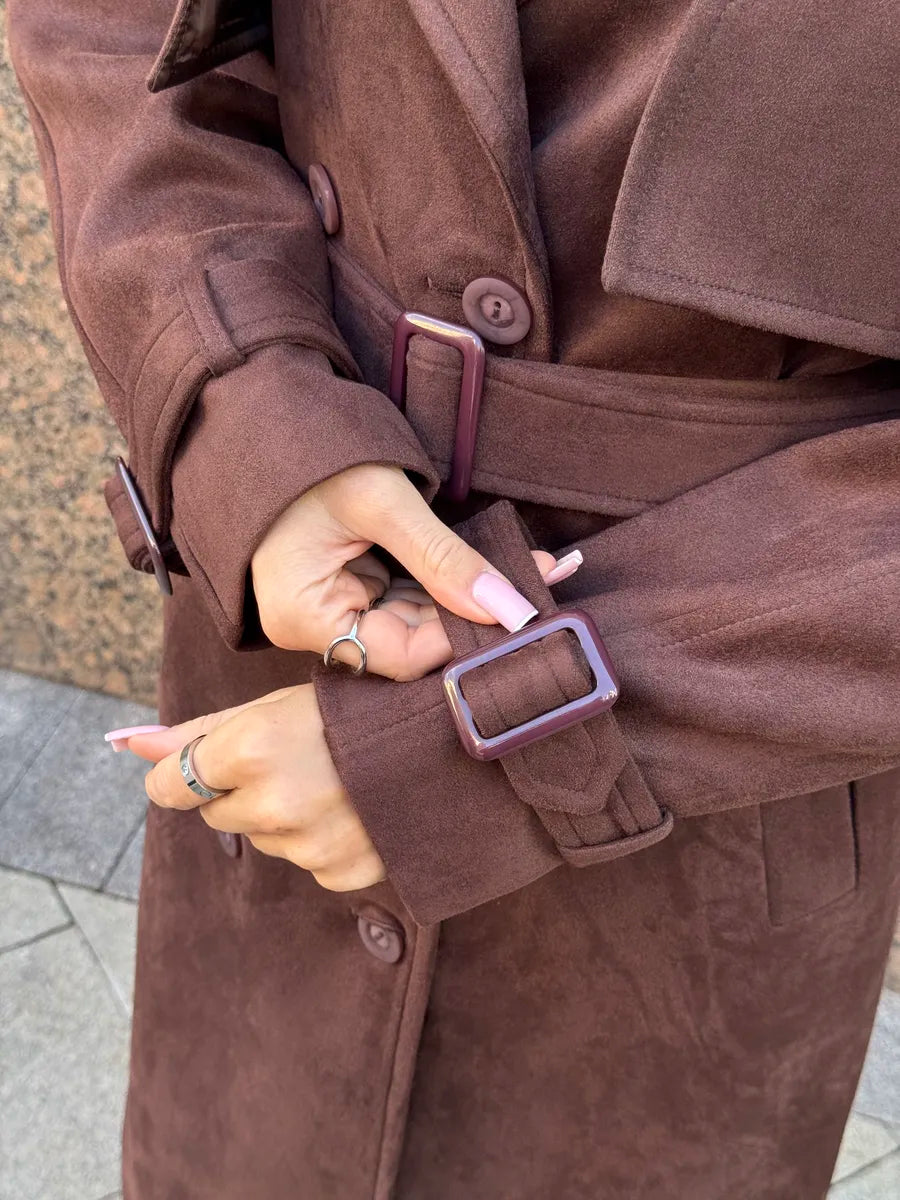 Chocolate Brown Faux Suede Belted Trench Coat, buckle cuff detail