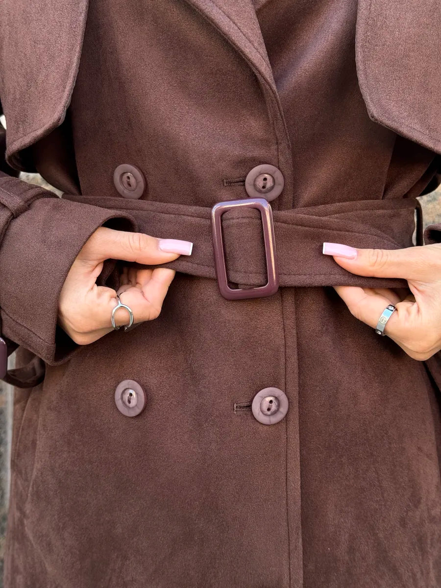 Chocolate Brown Faux Suede Belted Trench Coat, belt and button detail