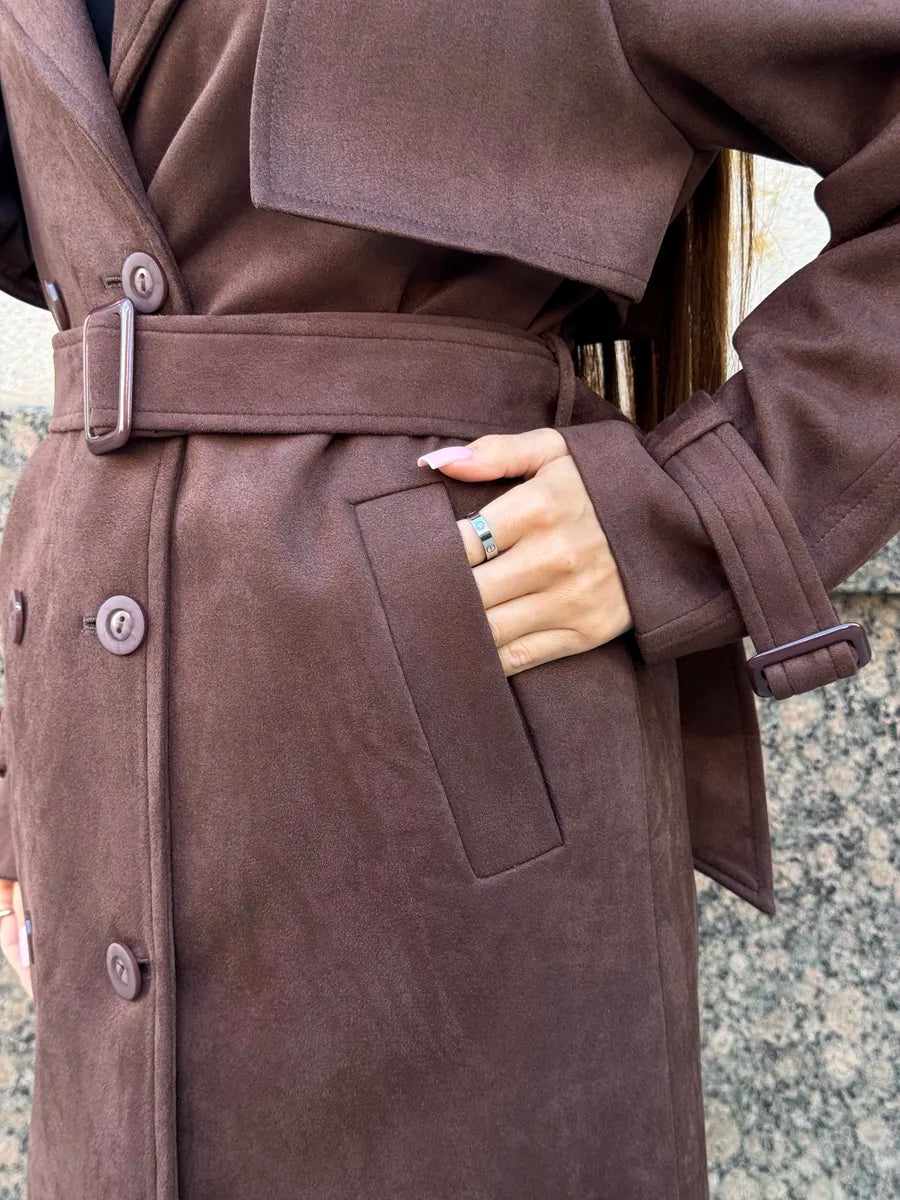 Chocolate Brown Faux Suede Belted Trench Coat, slanted pocket detail