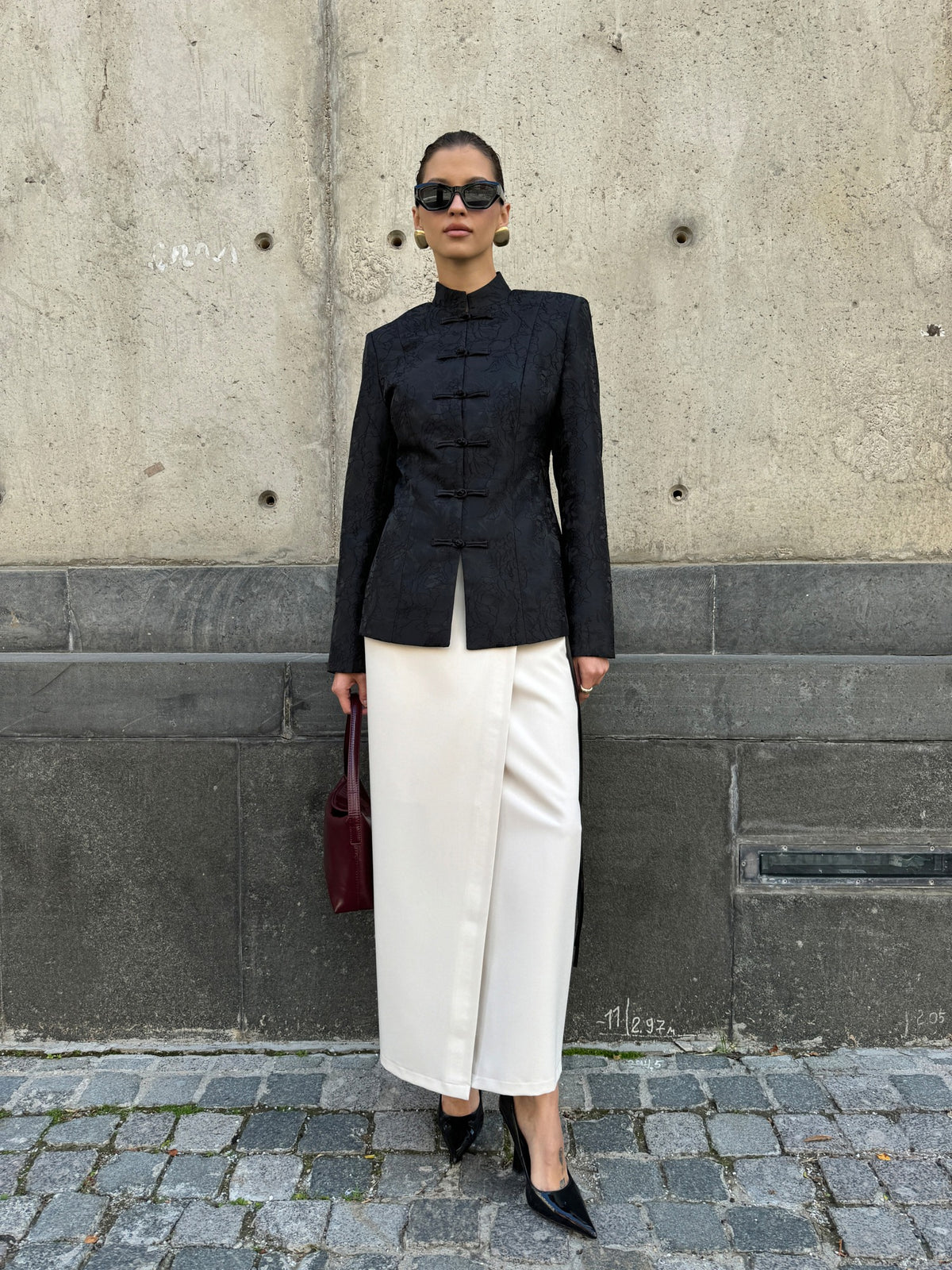 Black jacquard mandarin collar blazer, full front view