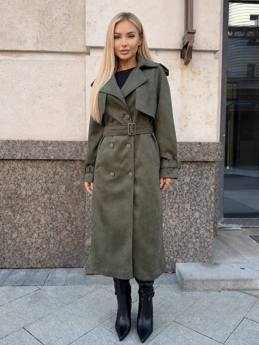 Olive Green Faux Suede Belted Trench Coat