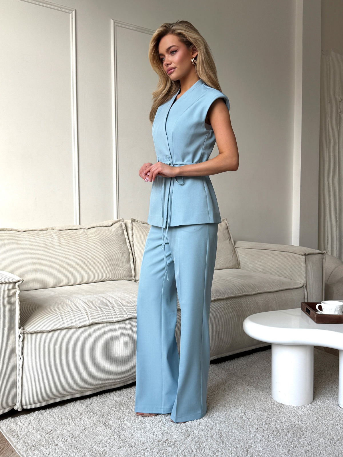 Powder blue wide-leg trousers — full-length view