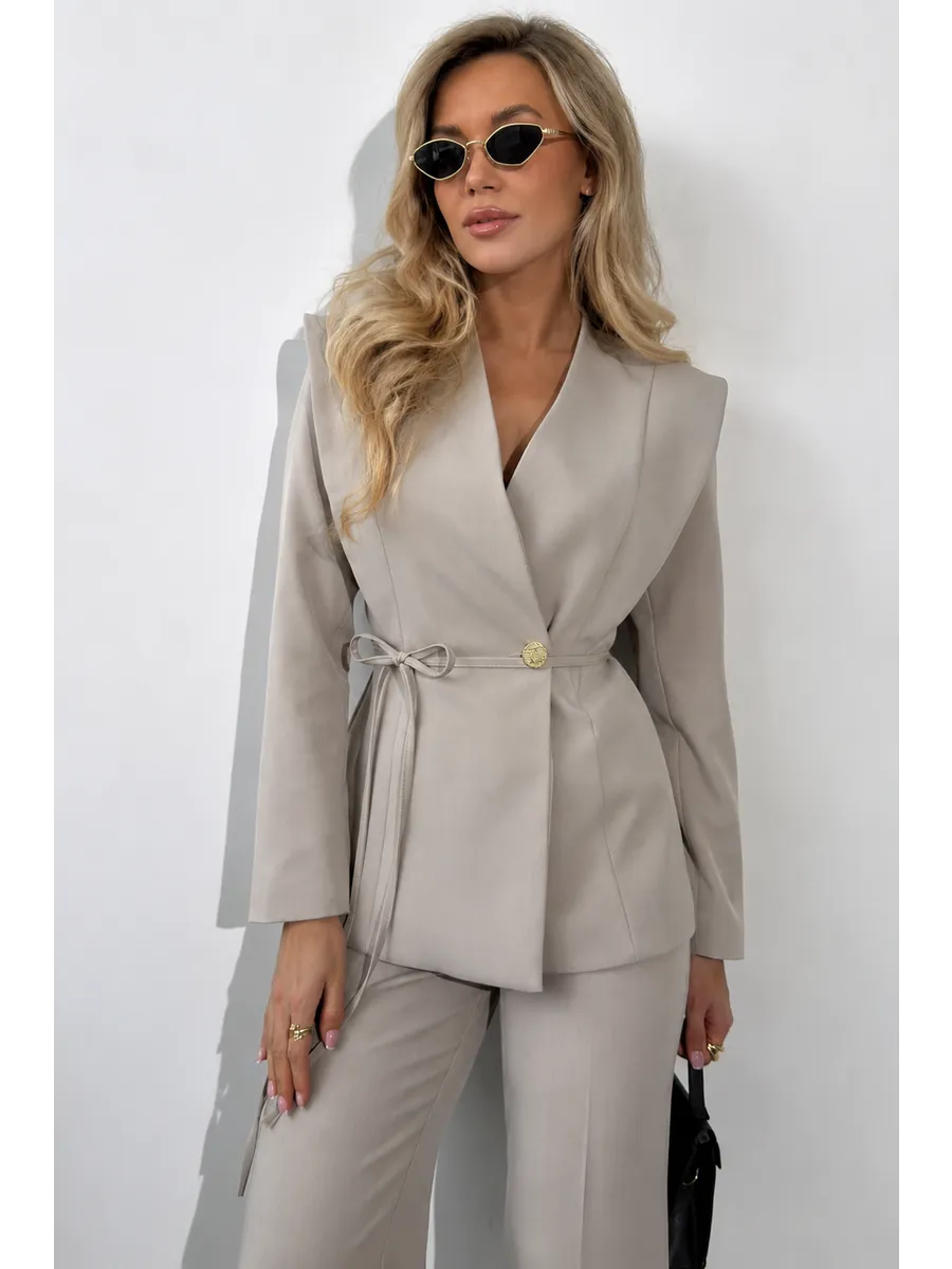Stone beige belted suit — shawl-collar blazer and waist tie