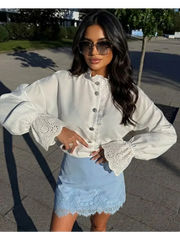 White Ruffle Shirt with Embroidered Cuffs