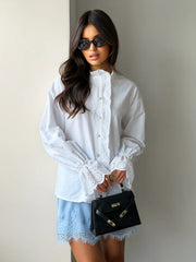 White Ruffle Shirt with Embroidered Cuffs